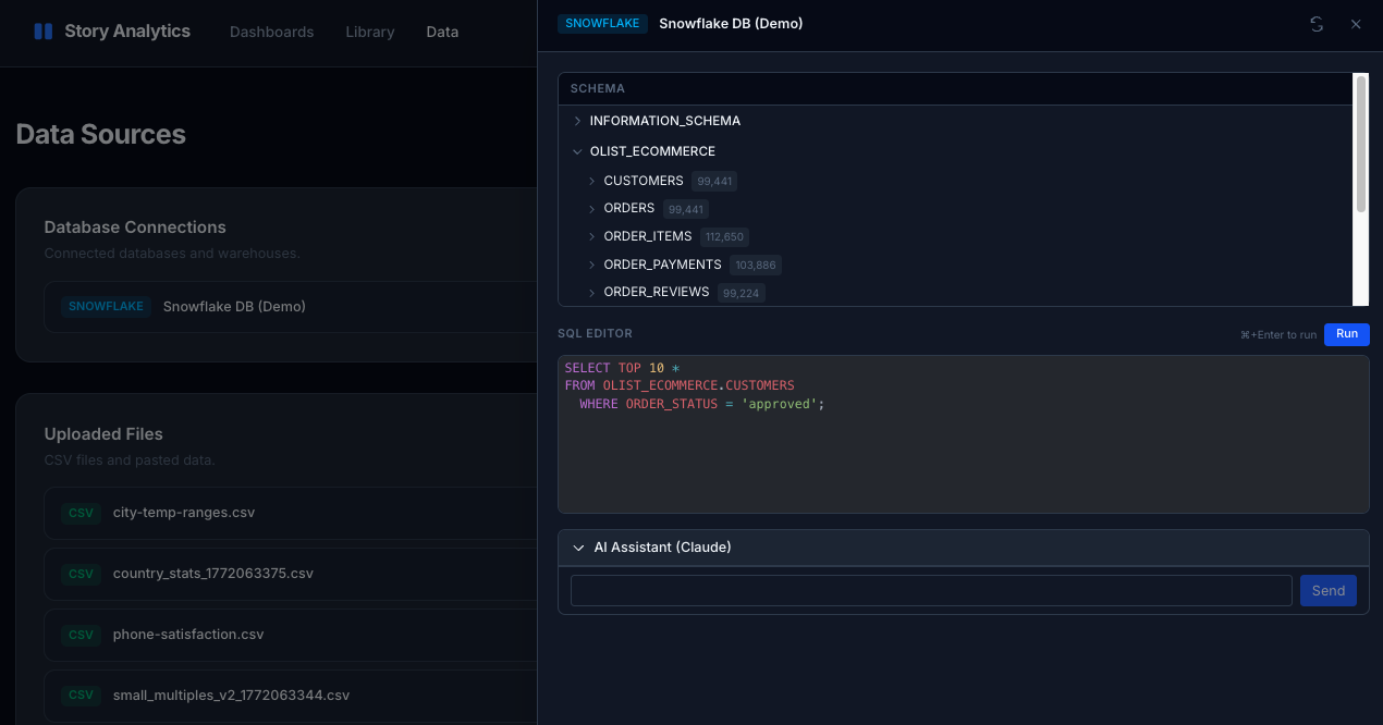 SQL workbench with schema browser, syntax highlighting, and query results